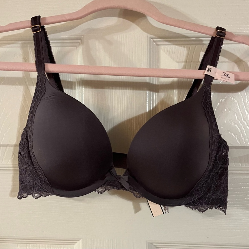 NWT!!! Victoria's Secret Tornado Grey Lace Trim Womens Size 34B Push-up Bra